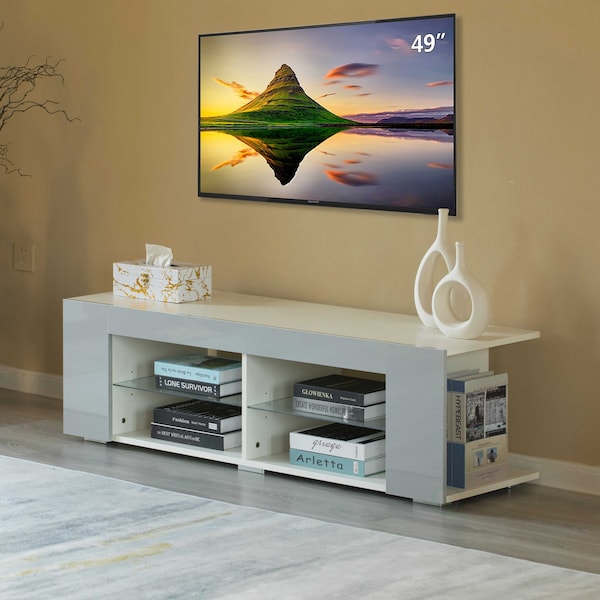 White Entertainment TV Stand With LED Lights And Glass Shelves With UV Frame